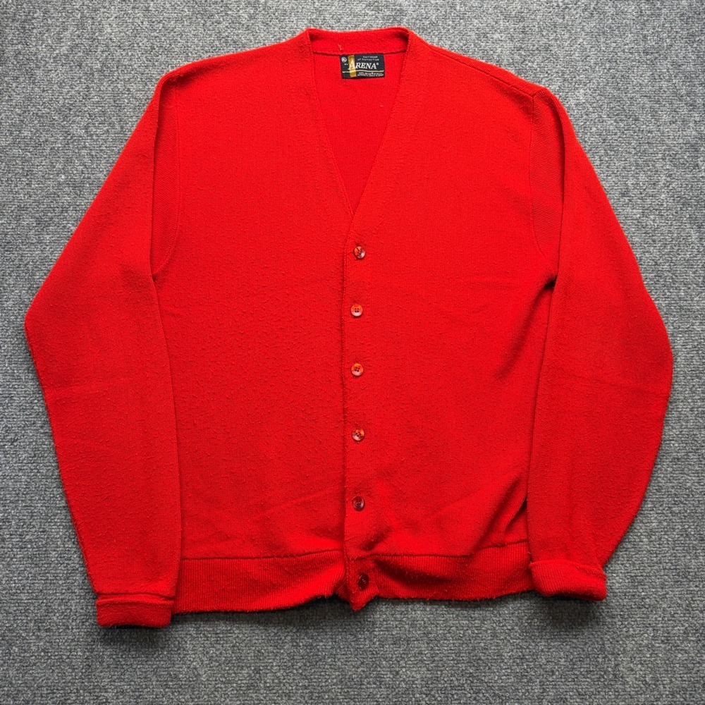 Vintage Arena Red Cardigan Sweater Mens XL Orlon Acrylic Button Up V-Neck Knit